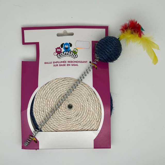 Balle sisal plumes sur ressort et socle