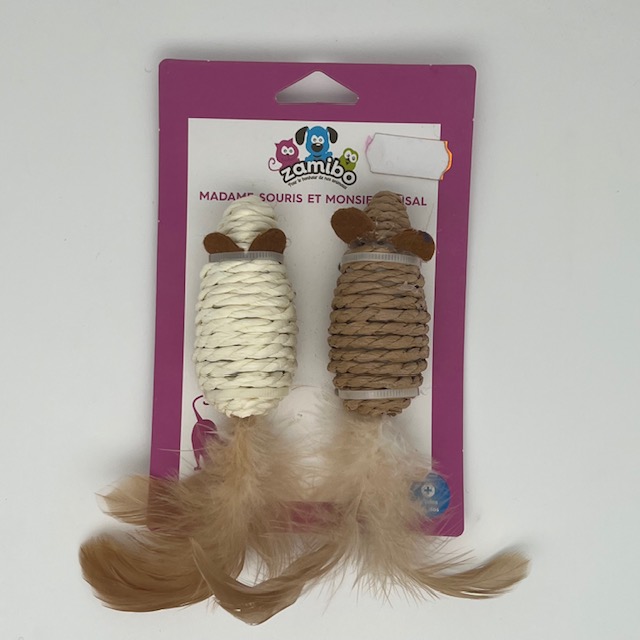 Duo de souris raphia et plumes 7x3cm