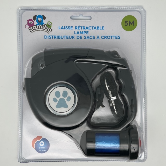 Laisse rétractable - 5M - 10kg + distributeur